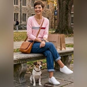 👚NWT Tommy Hilfiger Iconic Flag Stripe V-Neck Pink Sweater XS